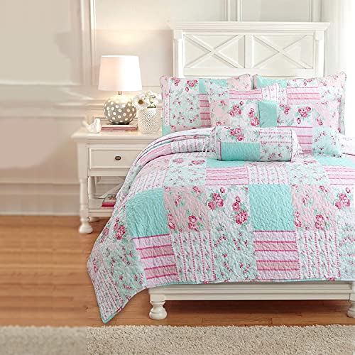 Cozy Line Home Fashions Pink Floral Blue Reversible Quilt Bedding Set, Coverlet Bedspread (Pink Garden, Full/Queen - 3 Piece)