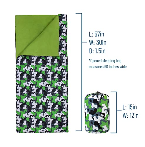 Image of Wildkin Kids Sleeping Bag - Roll-Up Design with Storage Bag for School, Travel & Camping - Green Camo