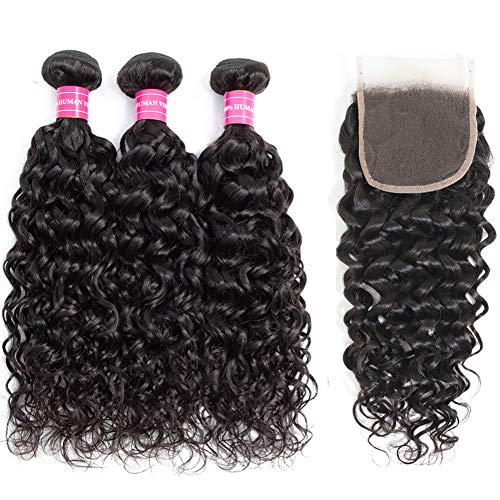 10A Brazilian Water Wave Bundles with closure (12 14 16+10) 100% Unprocessed 10A Brazilian Virgin Water Wave Human Hair 3 Bundles with Swiss Lace closure Hair Extensions Natural Color