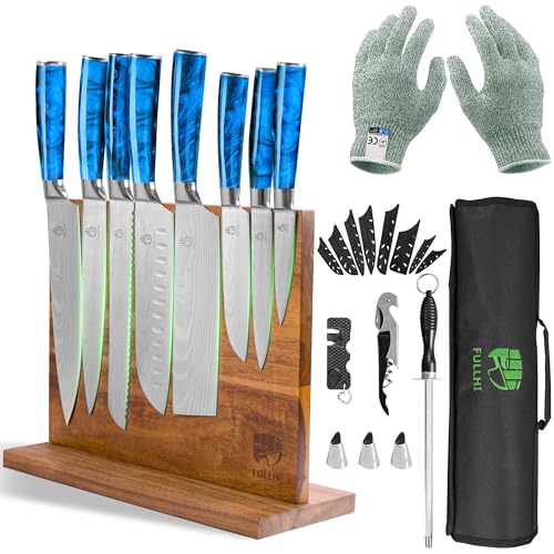 FULLHI 15-Piece Japanese Knife Set with Magnetic Knife Block Holder, Stainless Steel Knives, Blue Resin Ergonomic Handles for Professional and Home Cooking