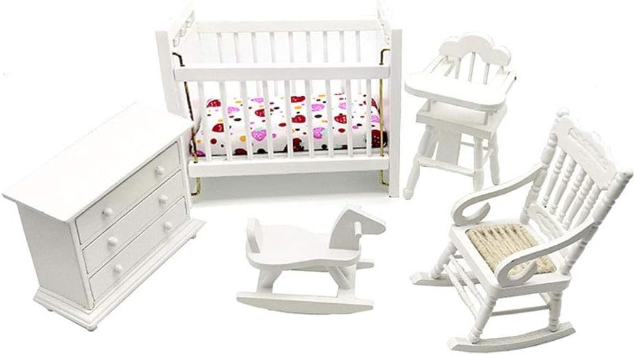 White Wooden Nursery Bedroom (5pcs) 1:12 Scale Dollhouse Furniture,Non-Toxic Paint