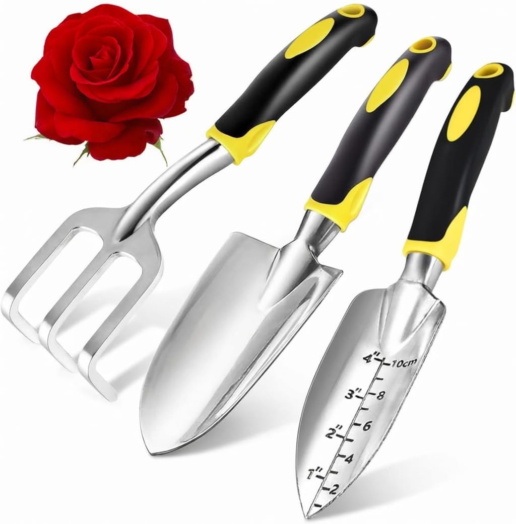 Garden Tool Set 3 Piece, Heavy Duty Aluminum Gardening Tools with Soft Grip Handles | Non-Slip Hand Rake, Trowel & Weeding Shovel for Gardeners | Ideal Gardening Gift