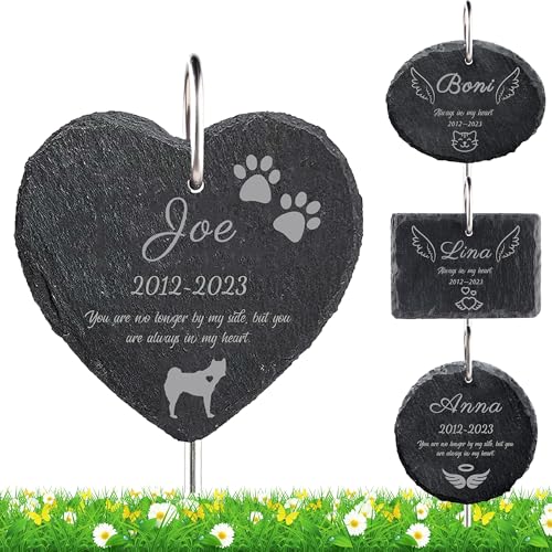 Personalisiert Grabstein Tiergrabstein Hund Katze mit Gravur, individuelle Haustier Grabsteine Wetterfest mit Namen Datum Spruch, Haustier Grabstein Granit, Tombstone 10/15/20cm (Schwarz Herz)