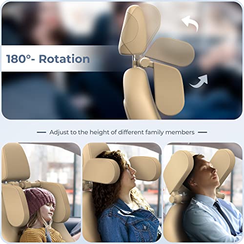 Image of Adjustable Car Headrest Pillow, Road Pal Headrest, U-Shaped Travel Sleeping Pillow for Kids & Adults, Head Neck Support Only Suitable for Car Seat Headrest with Poles, Khaki