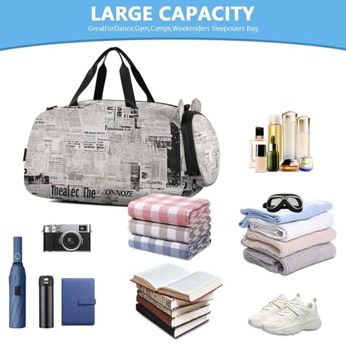 Vintage Newspaper Texture Duffle Bag for Girl, Sports Duffle Gym Bags with Shoe Compartment, Personalized Overnight Bag Travel Weekender for Kids4