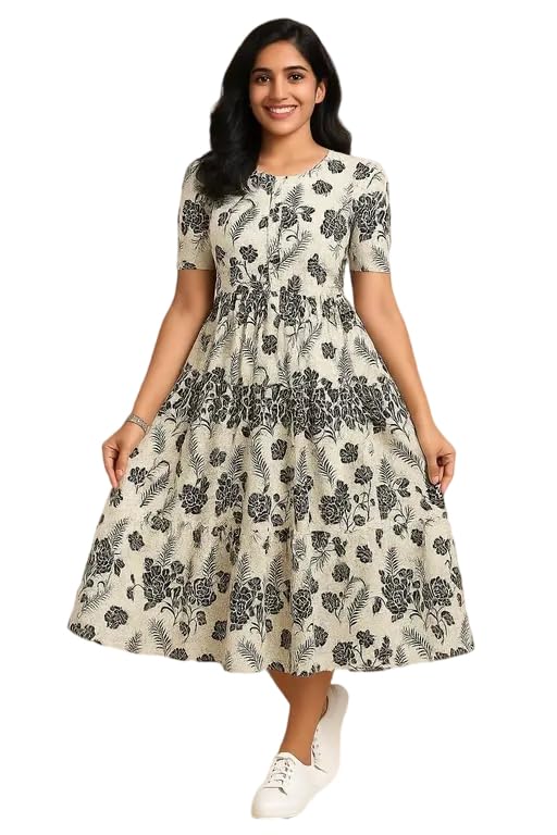 Image of Women's Round Neck Floral Block Printed Elbow Sleeves Front Button Detailing Layered and Tiered Hem Kurti Gown
