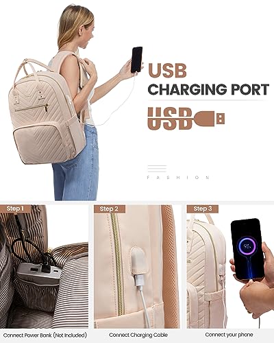 LOVEVOOK Laptop Backpack for Women, Large Capacity Travel Backpack with Luggage Strap, Stylish Women Backpack with USB Port, Waterproof Quilted Work Backpack for College Business 15.6 Inch, Beige - Image 7