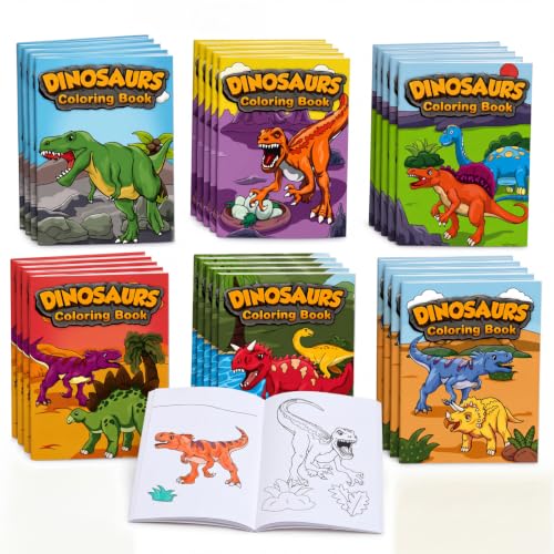 Nezyo 24 Pack Mini Dinosaur Coloring Books Bulk, Small Activity Booklets with 84 Designs 14 Pages Each, Party Favor Supplies for Birthday Goodie Bag Classroom Travel Quiet Activities