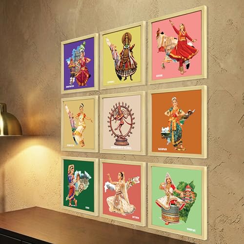 Image of Indian Classical Dance forms Wall Art Paintings with Frame For Living Room | Traditional Indian Dance Culture Framed Wall Art Paintings for Home, Set of 9, (9x9 Inch)