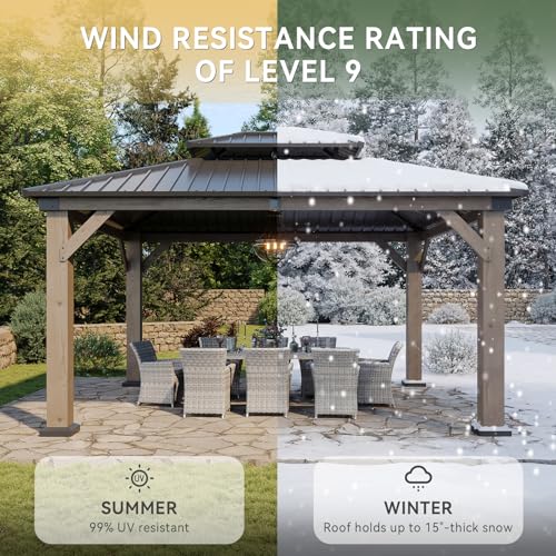 Image of Aoxun 12' x 14' Outdoor Wood Gazebo, Hardtop Gazebo Permanent Wooden Pavilion with Galvanized Steel Double Roof, for Patio, Garden, Deckyard, Cedar Wood, Grey