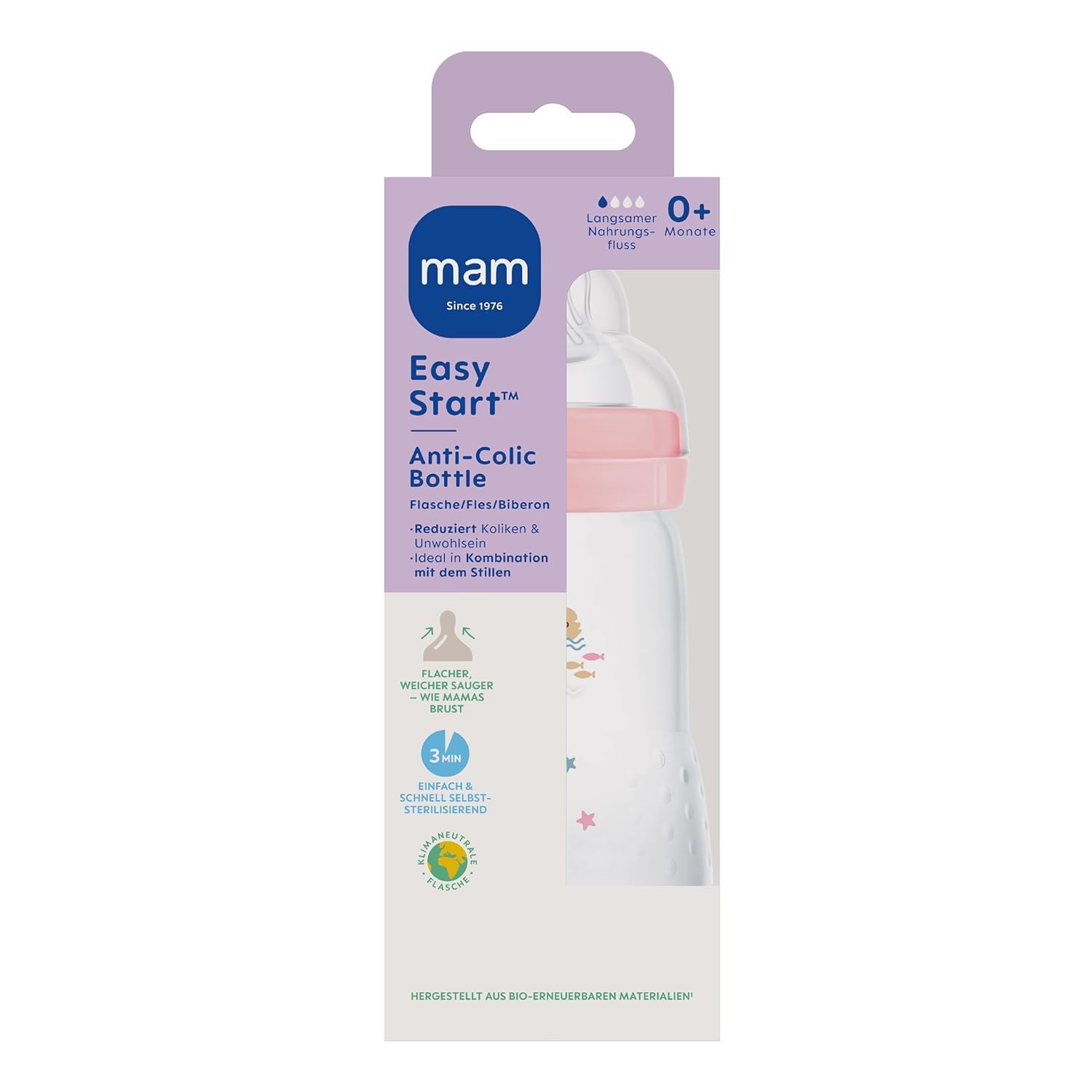 MAM Easy Start - Biberón anticólicos (260 ml), botella de leche especialmente aceptada, con válvula inferior contra cólicos y tetinas, tamaño 1, 0+ meses, cisne