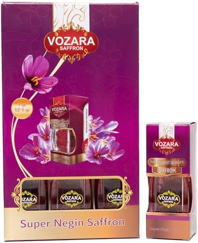 Vozara Super Negin Saffron 12 Grams (1 gr x 12 pcs) - Family Pack of All Red Premium Quality Saffron (Kesar, Azafran, Zafaran, Safron)