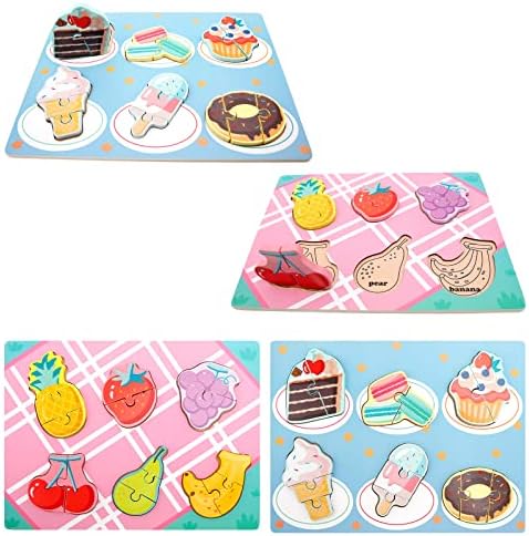 Wooden Toddler Puzzles for Ages 2-4, 2 Packs of Wooden Jigsaw Pegged Puzzles for Boys and Girls, Kids' Educational Developmental Toys, Desserts, Fruits