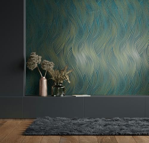 marburg Papel Pintado Verde Dorado Estructura Gráfica Moderna para Salón Dormitorio Cocina 10,05 x 0,53