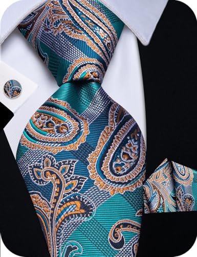 Image of YourTies Silk Paisley Floral Tie and Pocket Square Cufflinks with Lapel Pin Sets for Men 5PC Wedding Party