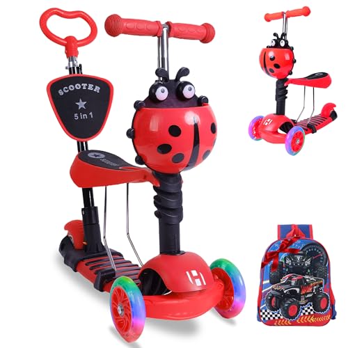 Habib - Patinete infantil 5 en 1 con asiento y mochila infantil 3D a juego - Patinete de 3 ruedas con barra de empuje, ruedas LED y respaldo, altura regulable para niños y niñas de 2 a 8 años