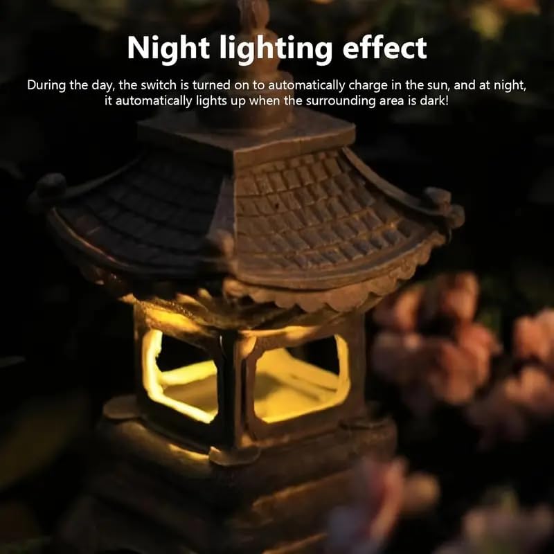 Solar Powered Garden Pagoda Lantern, Asian Zen Stone Tower Statue, Indoor Outdoor Decorative Landscape Art (Four Corner Palace Lantern, 1pcs)