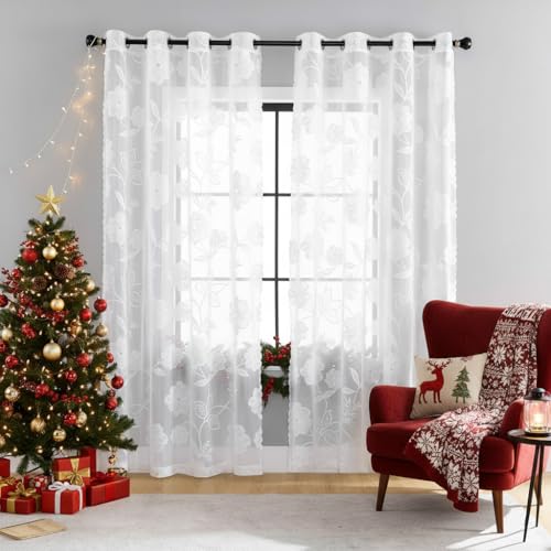 Treatmentex Spitze Vorhang Jacquard Gardinen mit Ösen Weiß 3D...