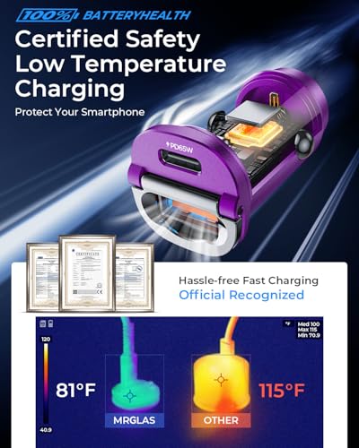 Image of 【Upgraded】 125W USB C Car Charger Super Fast Charging for iPhone 16, [PD65W & QC60W][All Metal] MRGLAS Cigarette Lighter Car Charger,Dual Port for iPhone 16 15 Pro iPad Samsung S25 /S24 MacBook-Purple