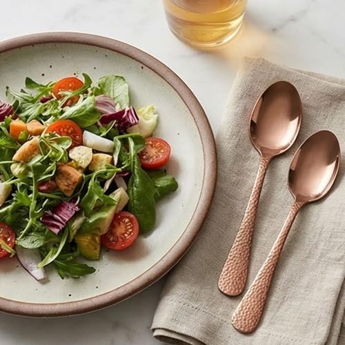 Image of 8.1 inch Hammered Rosegold Silverware Dinner Spoons | 5-Piece Premium Stainless Steel Flatware Set | Dishwasher Safe Cutlery Set for Home, Restaurant & Gifting