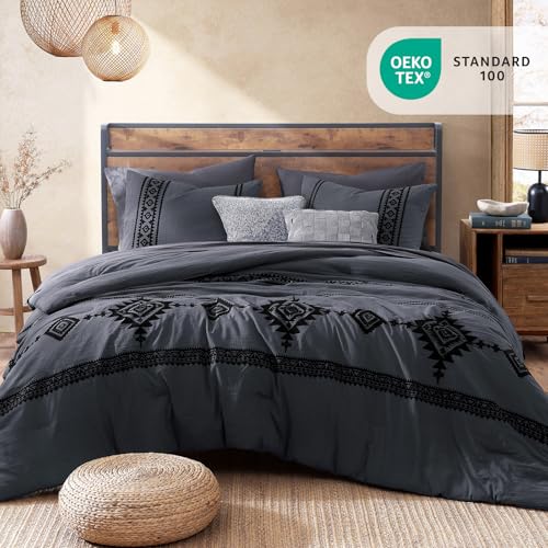 Image of MaiReve Embroidery Queen Comforter Set 7 Pieces Crown Blue Bed in a Bag