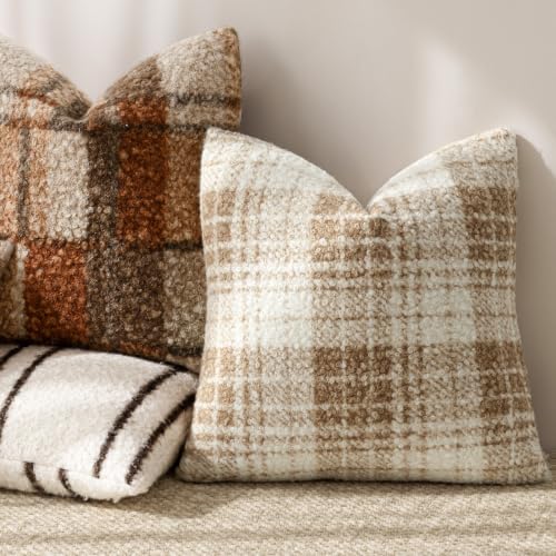 Image of Foindtower Pack of 2 Soft Faux Fur Boucle Throw Decorative Pillow Covers Fuzzy Accent Check Cushion Sherpa Boho Farmhouse Pillowcase for Couch Sofa Bed Living Room Home Decor 20x20 Inch,Khaki Brown