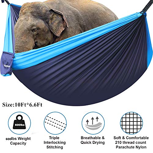 Holarun Camping Hammock Double Portable Hammocks With Lightweight 210T Nylon Parachute, Two Person Hammock Tree Straps For Backpacking, Hiking Gear, Outdoor, Travel, Beach - Navy Blue #TOP2
