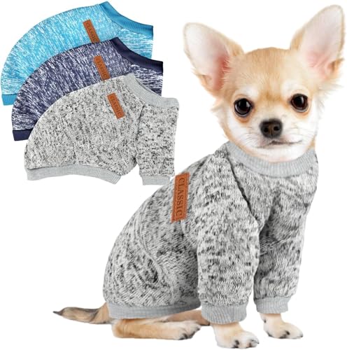 3 Pack Dog Sweaters for Small Dogs Girl Boy Winter Fleece Clothes Warm Soft Dog Sweatshirt Outfit for Dogs Cats Pet Apparel (Navy Blue+Grey+Light Blue, Small)