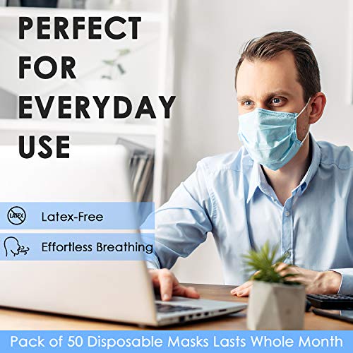 Disposable Face Mask for Men & Women (Pack of 50) - 3-Ply Facial Mouth Cover Masks - Breathable Face