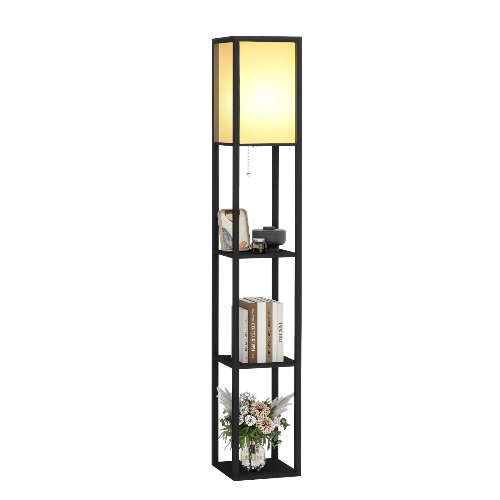 Fullwatt Stehlampe mit Holzregal Innenbeleuchtung Holz Stehleuchte mit Regalen für Schlafzimmer und Wohnzimmer (schwarz)