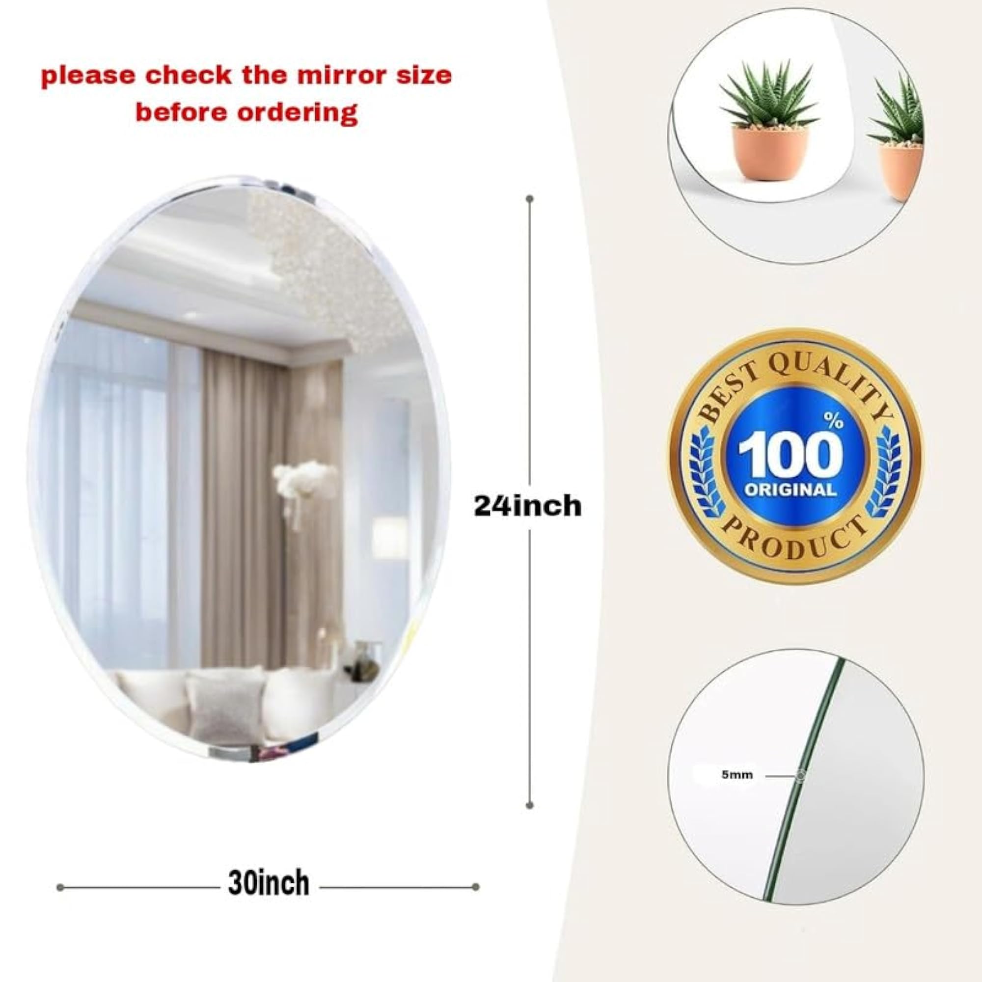 24X30 Inch Oval Wall Mirror, Frameless Design