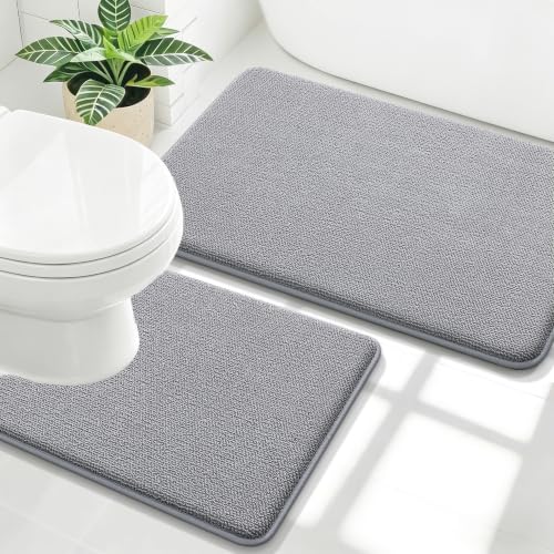 OLANLY Memory Foam Bathroom Rugs Mats Sets 2 Piece, 24"x20"+30"x20", Grey