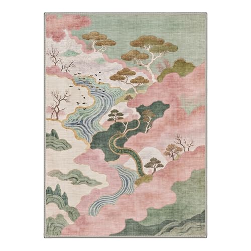 Image of BEIMO Area Rugs 5x7 for Living Room Bedroom, Modern Abstract Machine Washable Rug, Large Soft Low Pile Floor Carpet with Non Slip Backing for Dining Room, Sage Pink
