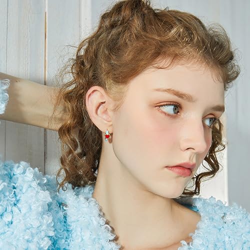 Gold Plated Hoop Earrings with Red Heart Charm, Light Blue Enamel Huggie Hoops, Cute Colorful Statement Earrings for Women3
