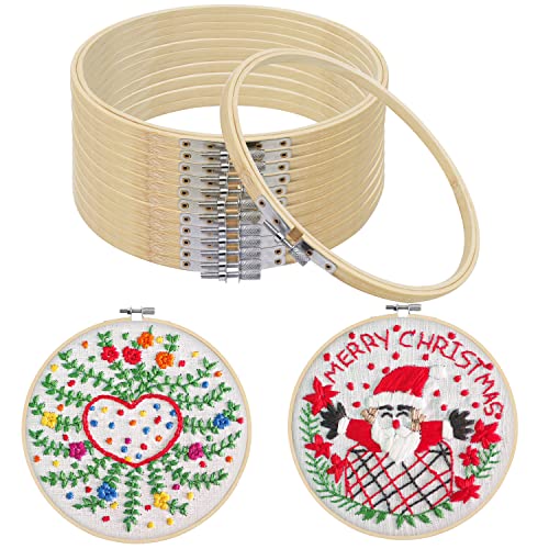 Curtzy 12 Pack 15 cm Bastidor para Bordar Madera - Bambú Bastidores para Bordados Redondos Ajustables - Set Bastidores Bordar Punto de Cruz, Manualidades y Costura Cover