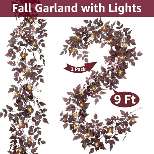 Image of Neutral Fall Garland for Mantle - 2 Pack 9Ft Plum Cimicifuga Seeded Leaf Garlands Purple Autumn Decor Fireplace and Table Decorations for Home Indoor Door Halloween Realistic Leaves Outdoor