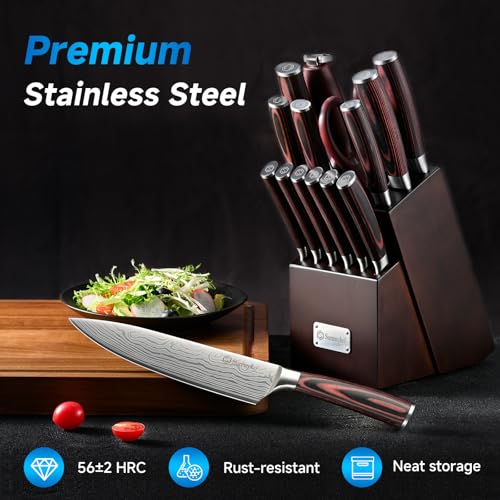 Image of Sunnecko Knife Set with Block and Sharpener, 15 Pcs Kitchen Knife Block Set