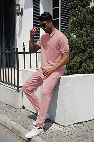 Fznhql Mens's 2 Piece Tracksuit Set Lightweight Soft Durable Sweatsuits Fashion Casual Outfit Sports Polo Shirts Two-Piece Running Jogging Sportswear Pink Xl #TOP2
