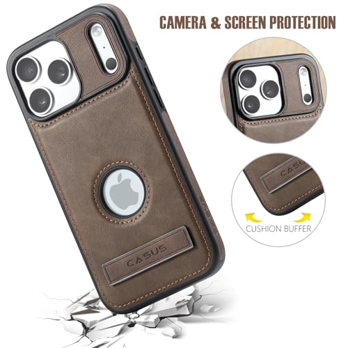 Image of Casus Designed for iPhone 17 Pro Case Compatible with MagSafe Leather Slim Logo View Luxury Elegant Thin Cover with Tempered Glass Screen Protector (2024) 6.3 inch - Grey