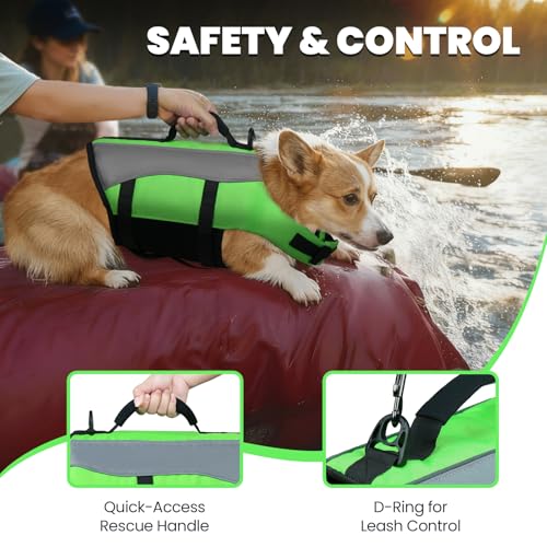 Image of VIVAGLORY Dog Life Vest Front Float Dog Swim Vest, M, Bright Green | Life Jacket with Chin Float & Handle for Swimming & Boating, High Visibility Adjustable for Doggy Cat Puppy