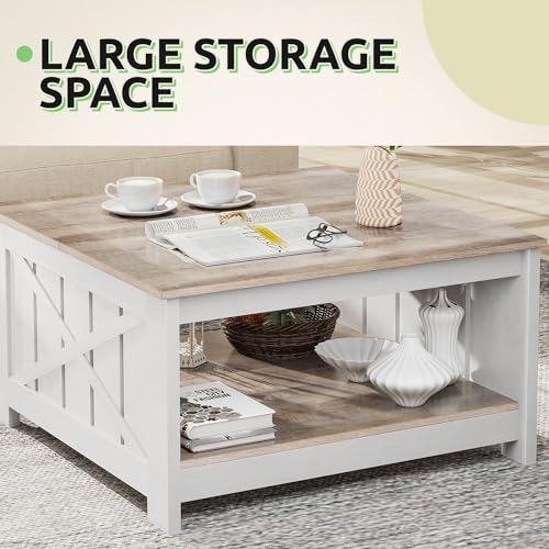 GOOBED Farmhouse Sqare Coffee Table, Coffee Table for Living Room with Storage, Grey Wash Coffee Table 2 Tier Spaciou Storage Shelf, Modern Center Table Small Coffee Table, Grey Wash
