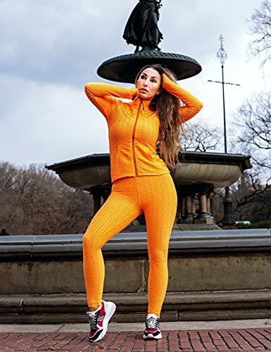 Image of Jogging Suits for Women, Textured 2 Piece Outfit Long Sleeve Full Zip Jacket Skinny Pants Tracksuit Set