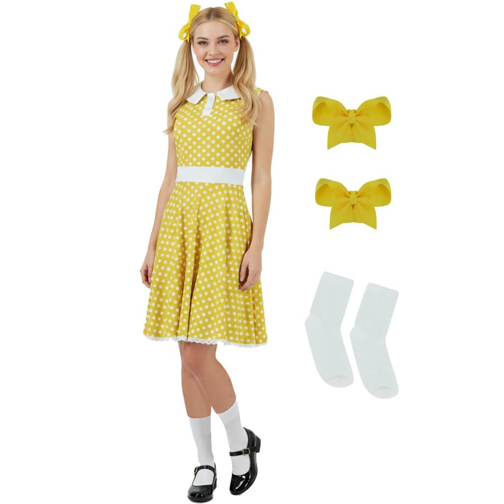 AYYOHON Gabby Costume Women Yellow Polka Dot Dress Halloween Cartoon Cosplay Skater Skirt Bowknot Hair Clip Socks Set 3XL
