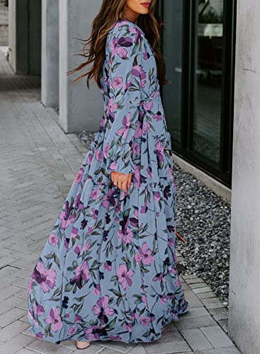 Image of BLENCOT Womens Casual Boho Floral Printed V Neck Long Sleeve Long Maxi Dress Spring Summer Dresses