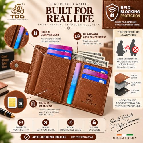 Image of TDG Top Grain Leather Trifold Wallet for Men, Saddle Brown