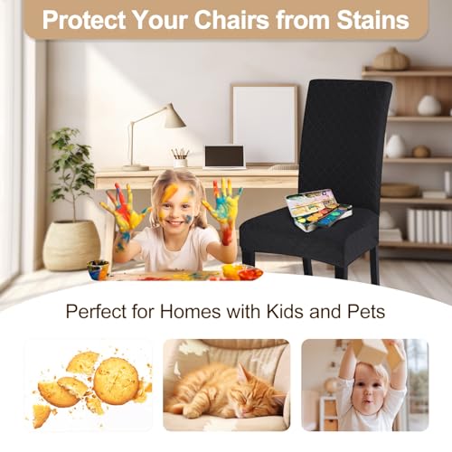Image of SearchI Dining Room Chair Covers Set of 6, Stretch Jacquard Parsons Chair Slipcovers Removable Washable Kitchen Chair Protector Cover for Dining Room, Hotel, Ceremony (Black Rhombus)