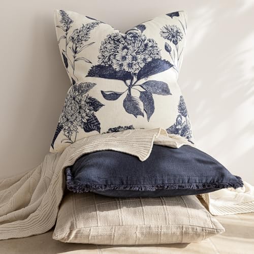Image of Foindtower Set of 2 Linen Floral Vintage Throw Pillow Covers Neutral Accent Print Decorative Cozy Cushion Covers Farmhouse Boho Home Decor for Sofa Chair Couch Bed Living Room,18x18 Inch,Navy Blue