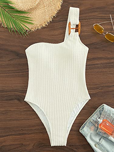 Milumia Women's One Shoulder Ring Linked Onepiece Swimsuit Textured Bathing Suit Swimwear Beige Medium #TOP1