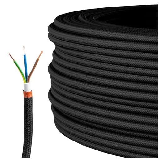 Textilkabel für Lampe, Stoffkabel 3-adrig (3x0,75mm²), Schwarz - 3 Meter