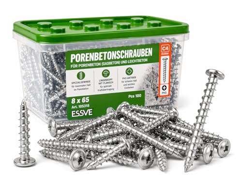 ESSVE Vis pour béton cellulaire 8 x 65 mm pour béton léger Ytong sans chevilles, sans pré-perçage, tête bombée, bride C4, protection contre la corrosion...